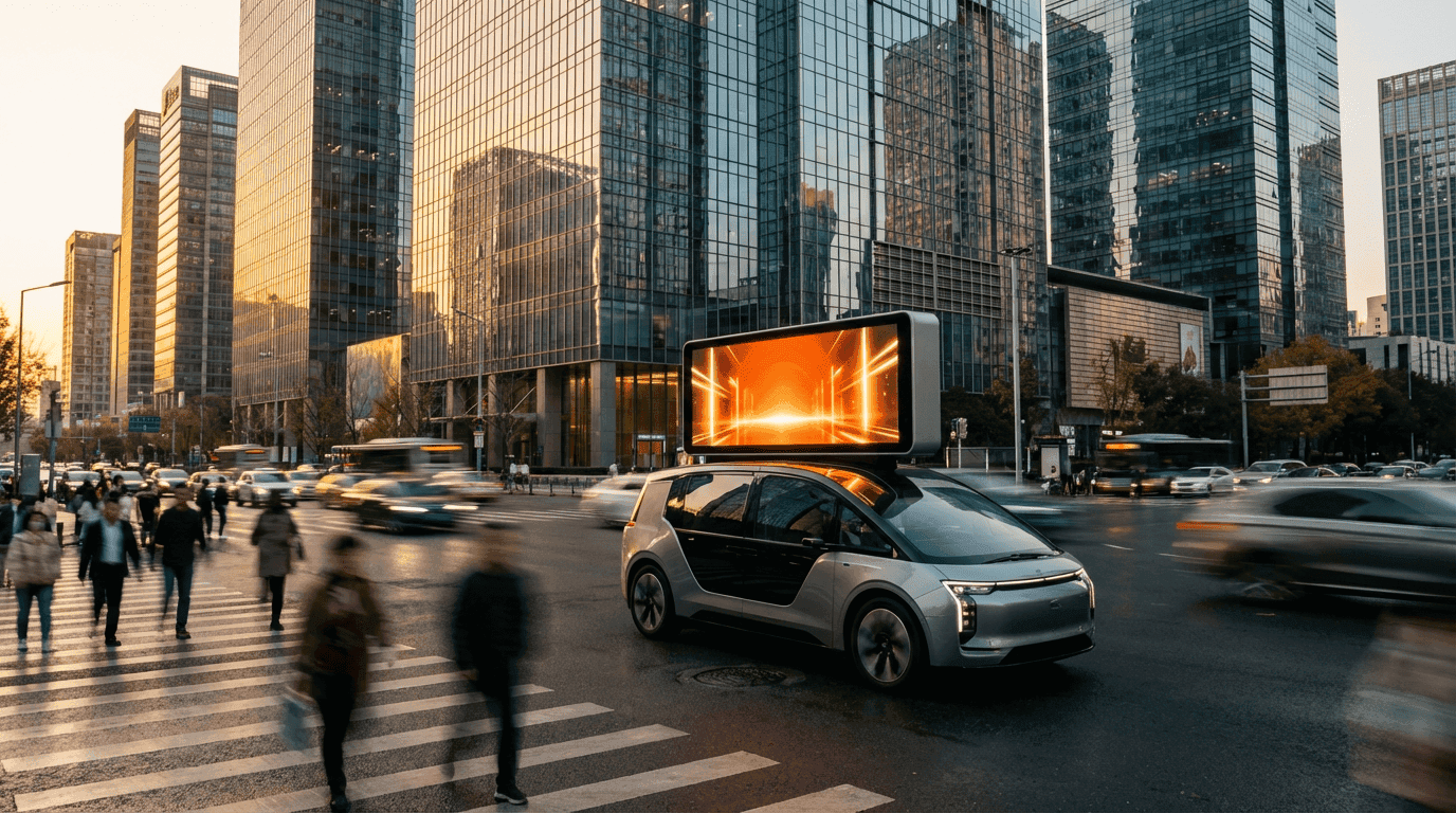 Canopy digital screen on a vehicle in a modern city