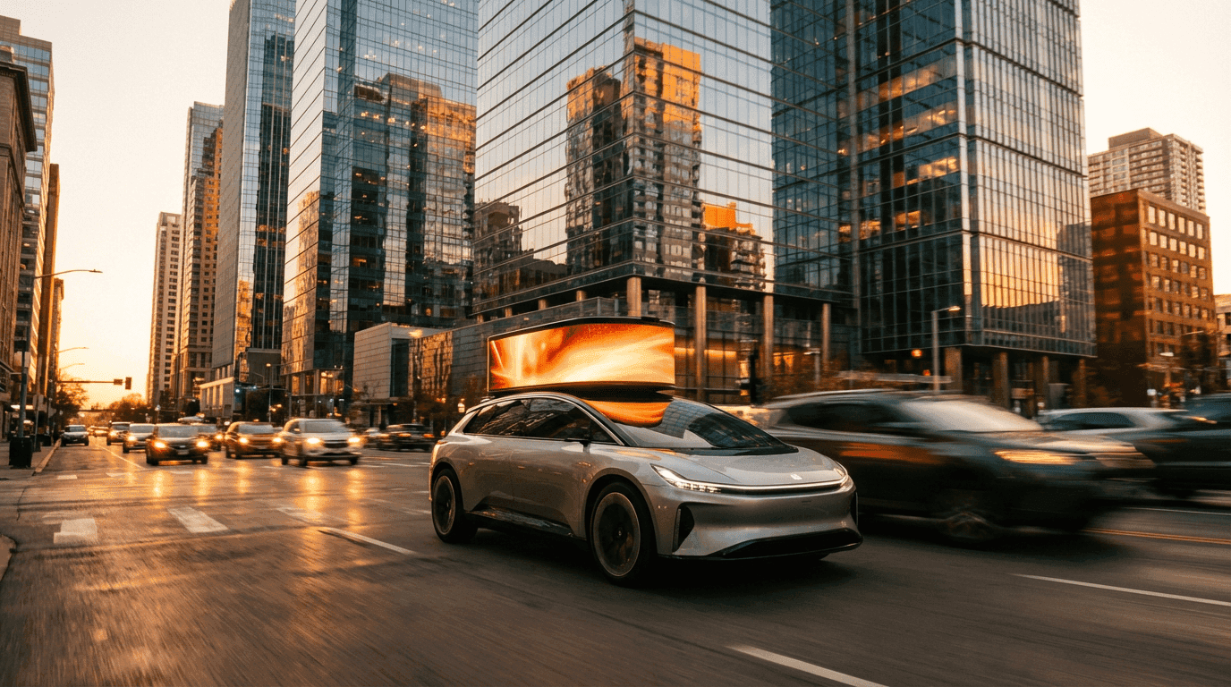 Canopy vehicle driving through a city at golden hour