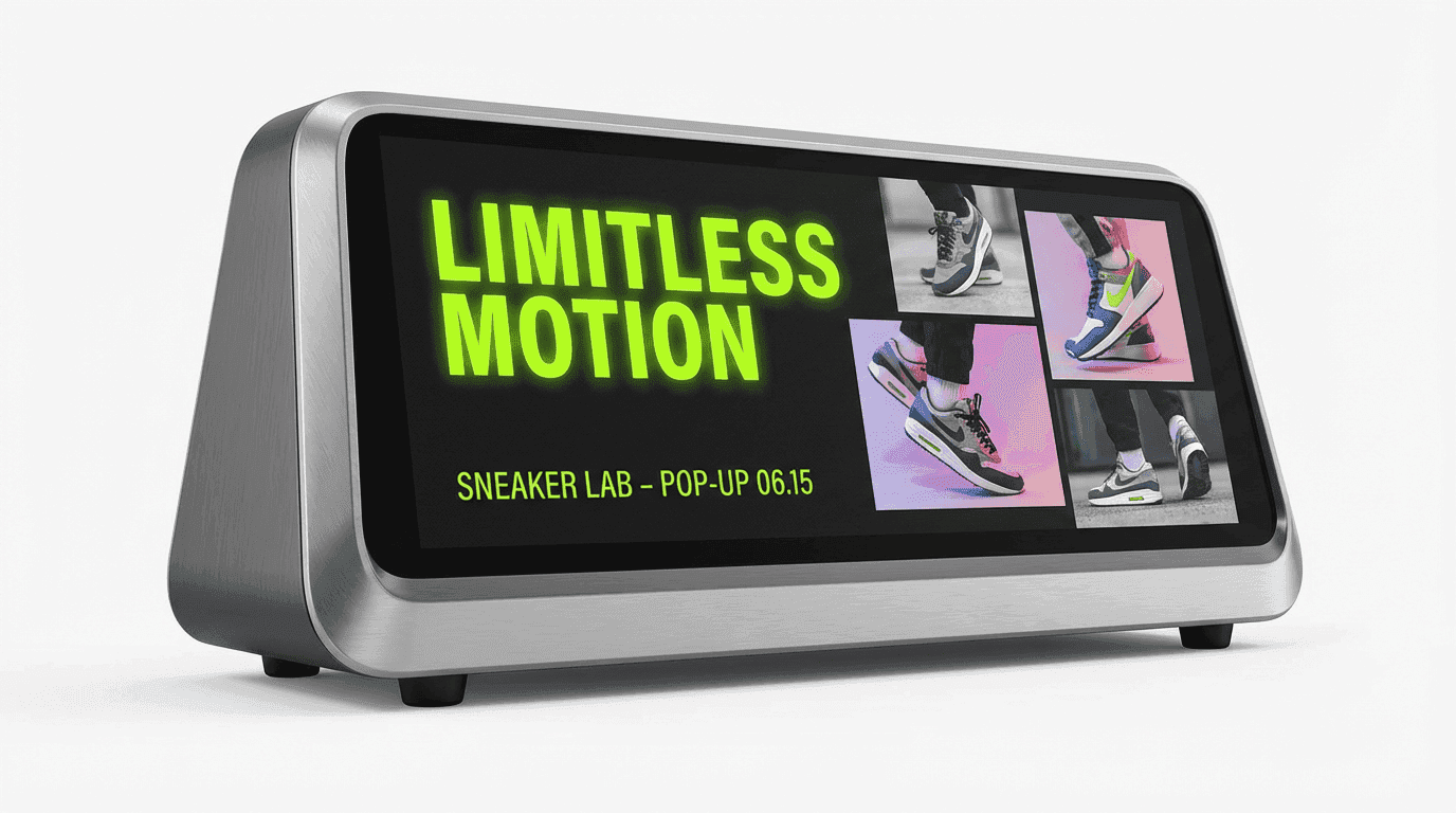 Canopy screen showing sneaker store advertisement